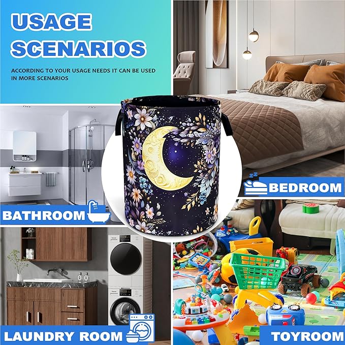 Moon Floral Laundry Basket Oxford Cloth Night Flowers Laundry Hamper With Handle Foldable Portable Clothes Storage Basket 18.9 X 16.5 In Storage Bag For Laundry Room/Bathroom/Bedroom