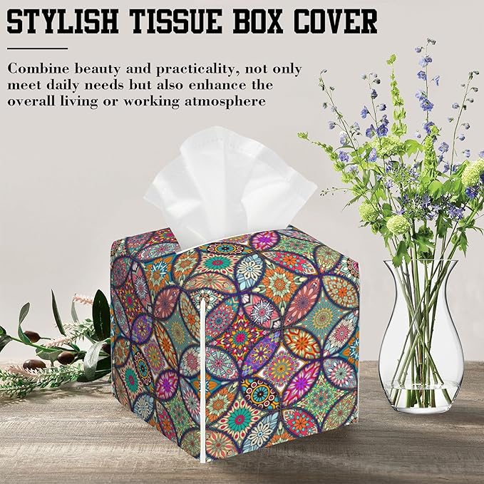 OHEGBXE Tissue Box Holder Abstract Mandela Floral Square Leather Tissue Box Cover Modern Cube Facial Paper Cover Case for Bathroom Vanity Countertop Night Stands Tabletop