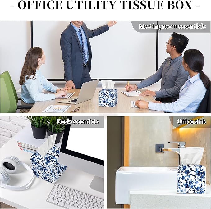 Tissue Box Cover Square, Sweet Blue Flower Watercolor Leather Tissue Box Holder Decorative Organizer for Bathroom, Home Office Car Decor
