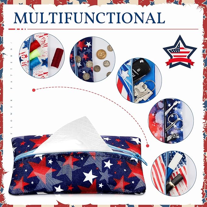 5 Pieces Tissues Purse Pocket Tissue Holder Reusable Travel Tissue Pouch Fabric Zipper Enclosed Small Size US Flag Pattern Tissue Holder for Purse Coins for 4th of July, 5.25 x 3 Inches (Star Style)