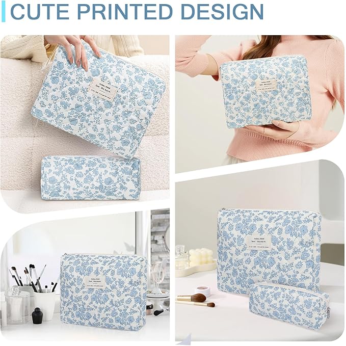 2PC Makeup Bag Set, Cute Cosmetic Bag for Women Girls, Floral Coquette Aesthetic Toiletry Bag, Travel Make Up Organizer Bag (South Twigs Flower)