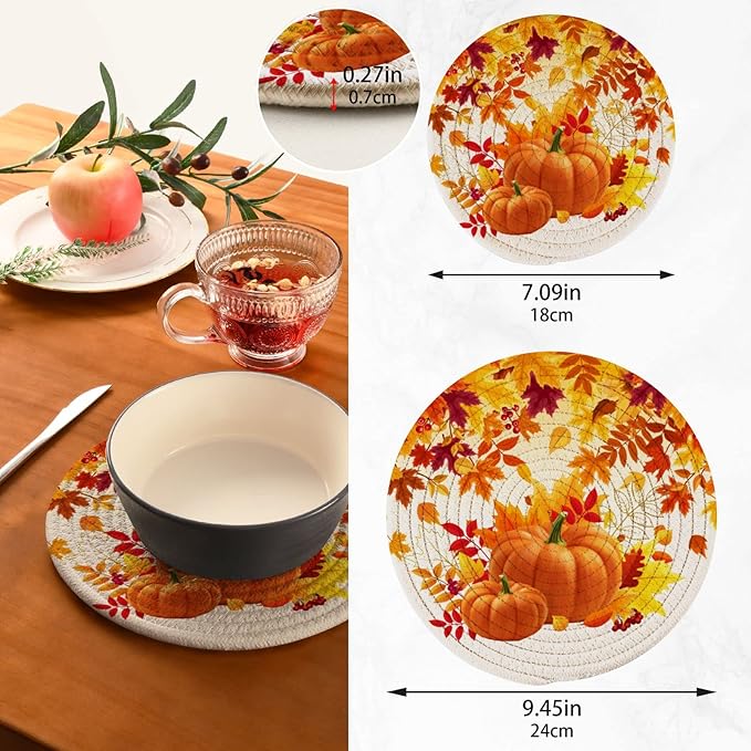 Boccsty Yellow Pumpkins Trivet Mat 2PCS Autumn Leaves Round Woven Potholders Kitchen Table Countertop Protector Hot Pads Farmhouse Coasters Counter Mat