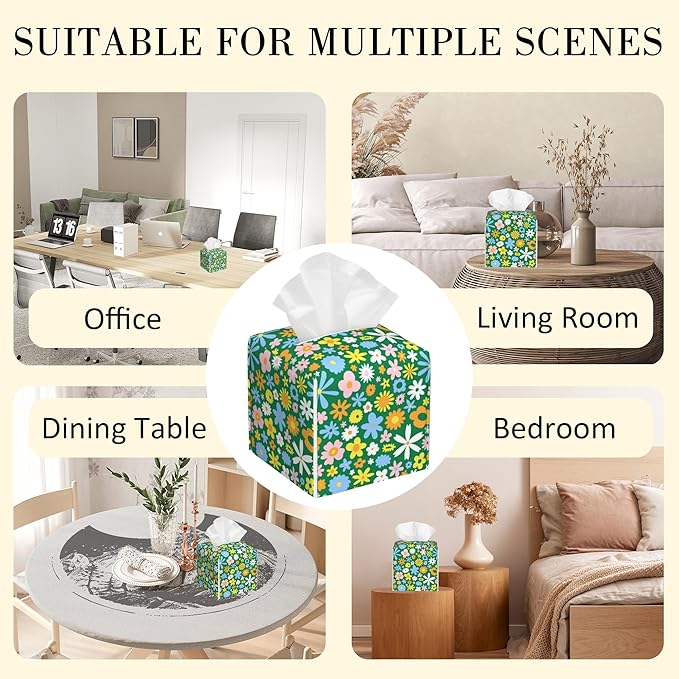 POIUBLE Colorful Hippie Flowers Tissue Box Cover Leather Tissue Box Holder Square Facial Paper Organizer Dispenser for Bathroom Kitchen Bedroom Vanity Countertop Night Stands