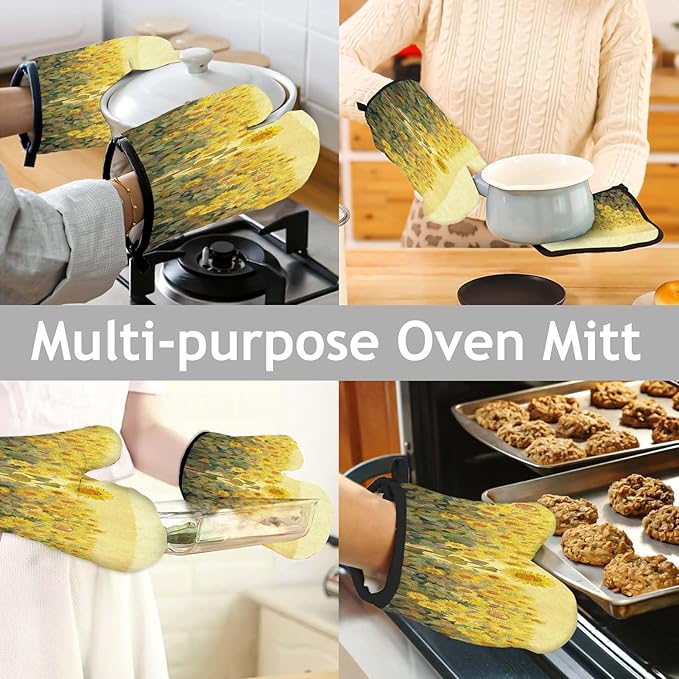 Sunflowers Oven Mitts and Pot Holders Set, Abstract Country Style Heat Resistant Oven Gloves - Comfortable and Easy to Clean - Perfect Kitchen Accessories for Durability and Style