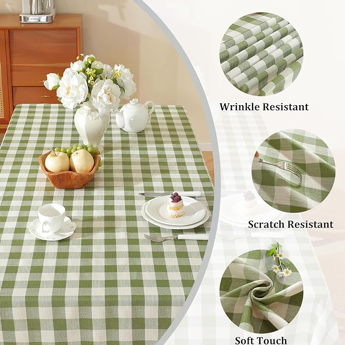 Alsoo Gingham Tablecloth Rectangle Checkered Table Cloth Cotton Linen Fabric Wrinkle Free Washable Buffalo Plaid Table Cover for Kitchen Dining Picnic Camping, Green and White, 60 * 120 inch