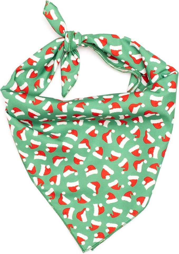 THE WORTHY DOG Classic Tie-On Dog Bandana – Soft Cotton Flannel Square Pet Bandana, Santa Hats Pattern, Green, Large