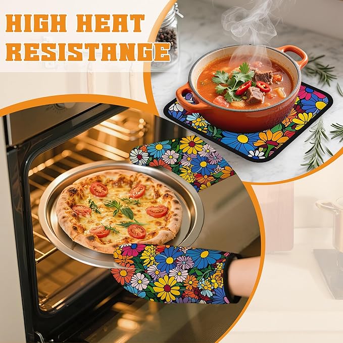 Abstract Hippie Flower Oven Mitts and Pot Holders,Heat Resistant Oven Mitts Gloves and Pot Holder for Home Kitchen Decorations Cooking Baking BBQ Gifts,Set of 4