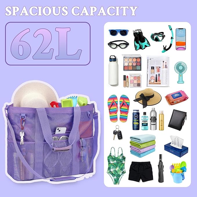 GYEUKHAM Mesh Beach Bag - Large Beach Tote Bag with Multiple Pockets for Family Beach Bag for Toys & Vacation Essentials