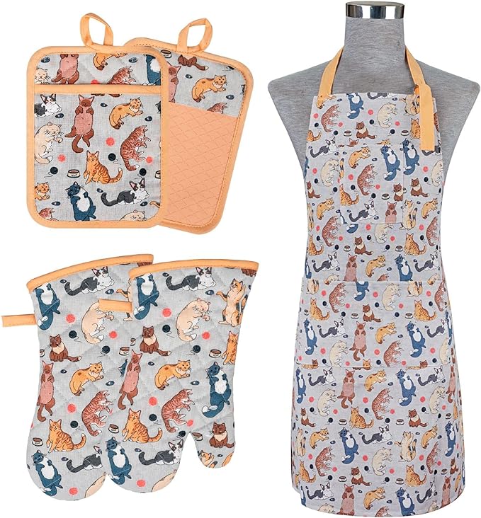 Oven Mitts and Pot Holders with Chef Apron,Set of 5 Heat Resistant Kitchen Gloves and Silicone Non-Slip Potholders Adjustable Neck Buckle Chef Apron, Cotton Nice Design for Cooking (Cat)