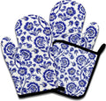 Funny Chinoiserie Floral Oven Mitts and Pot Holders Set of 3, Blue and White Porcelain, Heat Resistant Non-Slip Kitchen Mitts Hot Pads, Kitchen Decor Gifts for Women Baker Chinoiserie Lover