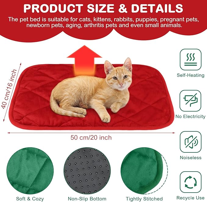 Clysee 2 Pack Self Heating Cat Mat Self Warming Pet Pads Washable Kennel Mat Dog Crate Pad Reflects Body Heat Non Skid Cat Thermal Pads for Puppy Indoor Outdoor (Red, Green,16 x 20 Inches)