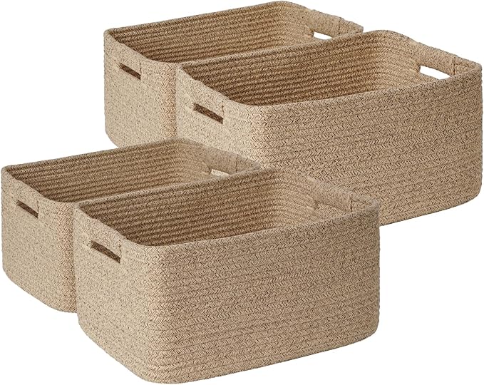4 Pack Large Storage Basket for Organizing, 17.5"x13.5"x7.5" Woven Basket for Shelves, Closet Cube Storage Bins with Wrapped Handle, Cotton Rope Baskets for Kitchen, Clothes, Toys(Natural)