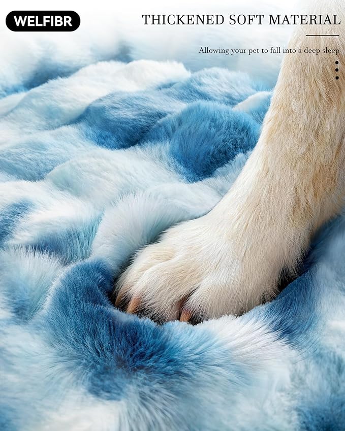 Welfibr Fluffy Faux Fur XL Dog Bed Large Sized Dog Washable Rasied Dog Bed Orthopedic Dog Beds with Sides Noiseless Supportive Foam Dog Couch Anti-Slip Comfort Pet Beds with Removable Cover Blue 48"