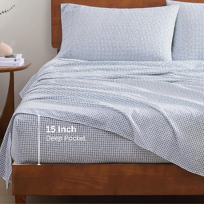 LANE LINEN 100% Organic Cotton Full Sheets Set Soft & Comfy Percale Long Staple Soft Bedding Breathable Fully Elasticized Mercerized Printed Cotton Full Size Set - Polka Dot
