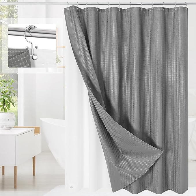 Craidlela 3 in 1 Extra Long Shower Curtain Set-72 W x 84 H, Grey Waffle and PEVA Liner Set with 12 Stainless Steel Hooks, Waterproof Fabric for Bathroom