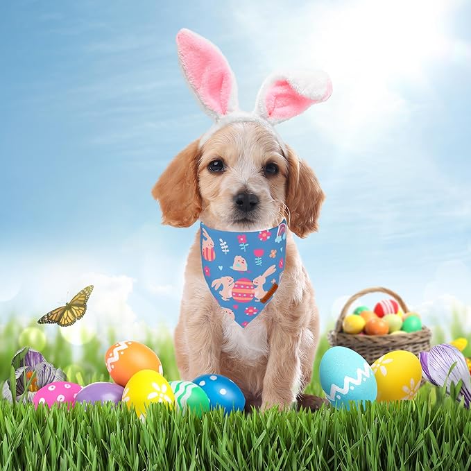 ADOGGYGO Easter Dog Bandanas, Rabbit Carrot Puppy Scarf, Multi Size Offered, Orange Blue Easter Bandana for Small Dogs Pets (Small)