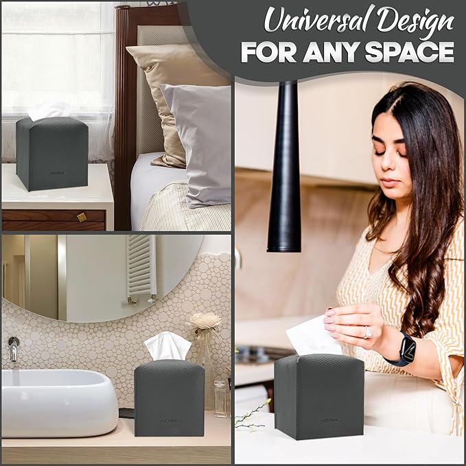 Tissue Box Cover Holder, PU Leather Tissue Box Cover Square with Bottom Belt, Cube Tissue Holder for Bathroom, Modern Organizer for Car, Office, Tabletop (Charcoal, 14 Leather Patterns)