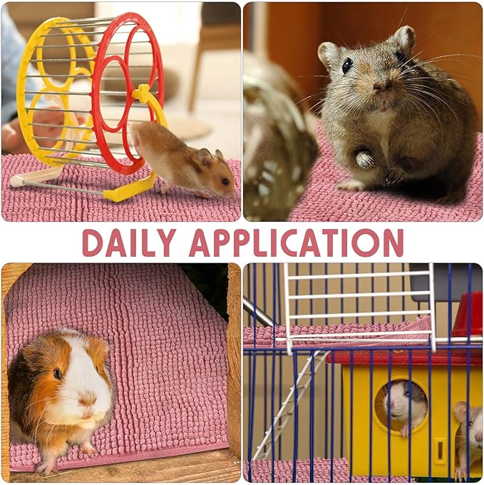 Amylove 4 Pcs Guinea Pig Cage Liner Guinea Pig Bedding Dog Door Mat for Muddy Pet Paws Washable Chenille Pee Pads Small Animal Sleeping Bed for Bunny Hamster(16 x 24 Inch,Rectangular,Pink)