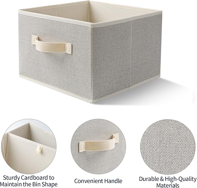 EITMOW Storage Baskets, 11-Inch Woven Fabric Bins, Storage Cubes with Reinforced Handles, Organizer Bins for Closet Shelves, Foldable, for Toys, Clothes, Natural Beige (4PCS/Beige-11*11*7.8inch)