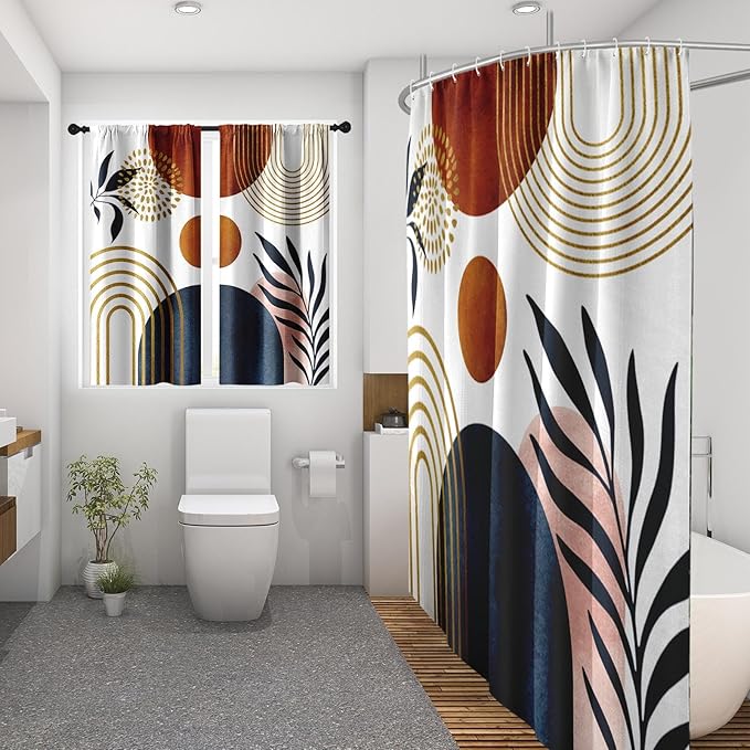 Culudea Boho Geometric Leaf Shower Curtain Set, Mid Century Sun Bohemian Bathroom Window Waffle Textured Cloth Waterproof Shower Curtains for Bathroom Decor