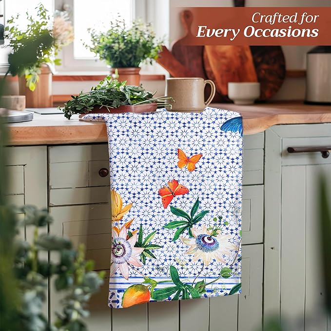 Maison d' Hermine Kitchen Towels Set of 3 100% Cotton 27.50" x 20" Reusable Cloth Tea Dish Towels Absorbent with Hanging Loop for Kitchen, Home, Dining, Cocktail Parties Spring/Summer (Passiflora)
