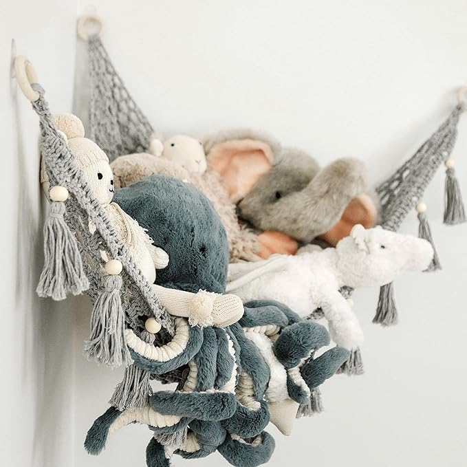 Sasa Baby and Toddler Macrame Toy Hammock for Stuffed Animals - Plush Toy Hammock, Grey Nursery Decor, Hanging Stuffed Animal Organizer, Pebble Grey