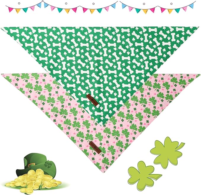 Lionet Paws St. Patrick 2pcs Dog Bandanas, Green Clover Dog Scarf Bib Premium Fabric, Happy St. Patrick Pink Bandanas for Medium Large Dogs Pets
