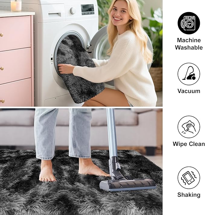 2x6 Fluffy Soft Runner Rug for Bedroom Living Room, Dark Grey and Black Carpet Runners for Hallways Non-Slip Shaggy Bedside Long Rug, Fuzzy Shag Bedroom Runner for Kids Room Dorm Nursery