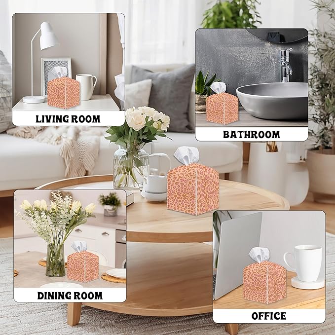 Leopard Square Tissue Box Holder Cover, Tissue Cube Box Organizer for Bathroom, Living Room, Office, Countertop, Car, Night Stands, Modern Home Desk Tabletop Decor - A02