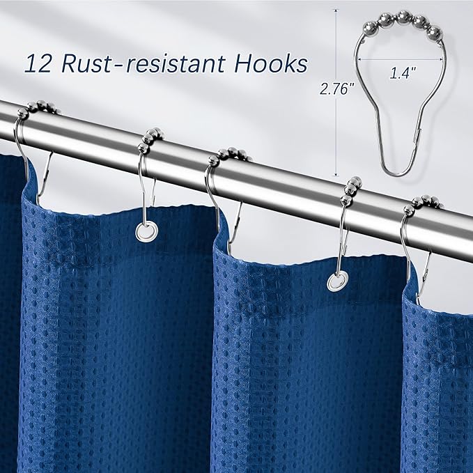 84 inch Long Shower Curtain Waffle Textured Fabric Shower Curtains, 256GSM Heavy Duty Weighted Shower Curtains, Hotel Quality Luxury Polyester Bathroom Curtain with 12 Hooks, 72Wx84H