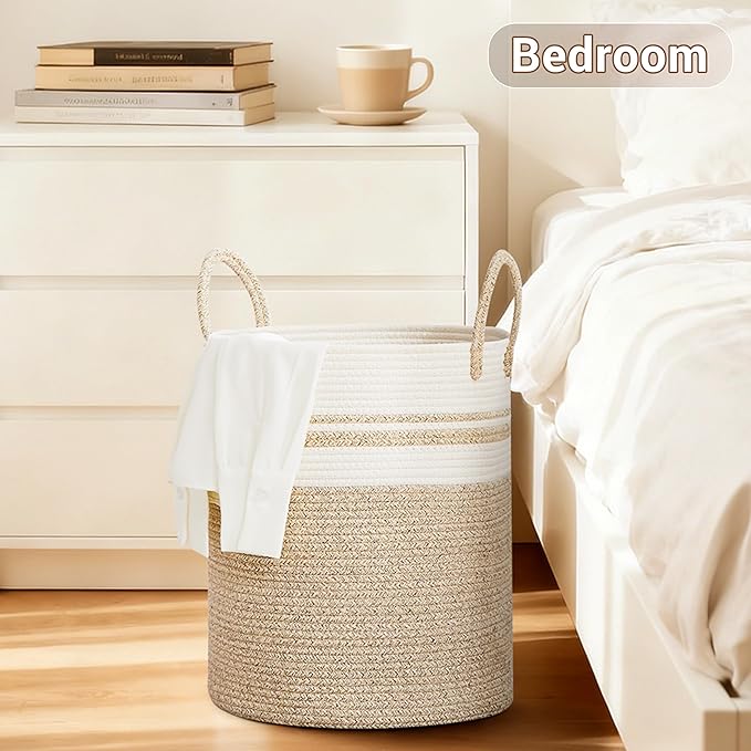 SunNewt Tall Laundry Basket with Handles, 53L Portable Dirty Clothes Hamper, Boho Cotton Rope Storage Bin for Blankets Kids Toys Gifts, Decorative Organizer for Nursery Bedroom Bathroom, New Brown