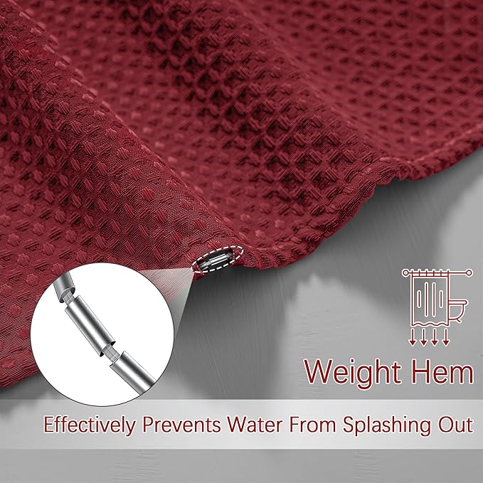 Extra Long Shower Curtain, 96 Inch Long Waffle Weave Heavy Duty Thick Cloth Bathroom Shower Curtain, Neutral Weighted Hotel Bath Curtain Set with 12 Hooks, 72x96 Burgundy