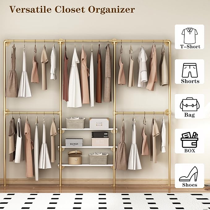 KAILNKISS Industrial Pipe Clothing Rack, Gold Clothing Rack with Shelves, Wall Mounted Clothes Rack Heavy Duty Closet Organizers Wardrobe Multi-Purpose Storage Clothes Hanging Shelf- 94.5''L Gold