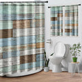 Culudea Wood Rustic Vintage Blue Brown Waffle Textured Cloth Shower Curtain Set, Farmhouse Retro Bathroom Window Waterproof Shower Curtains for Bathroom Decor