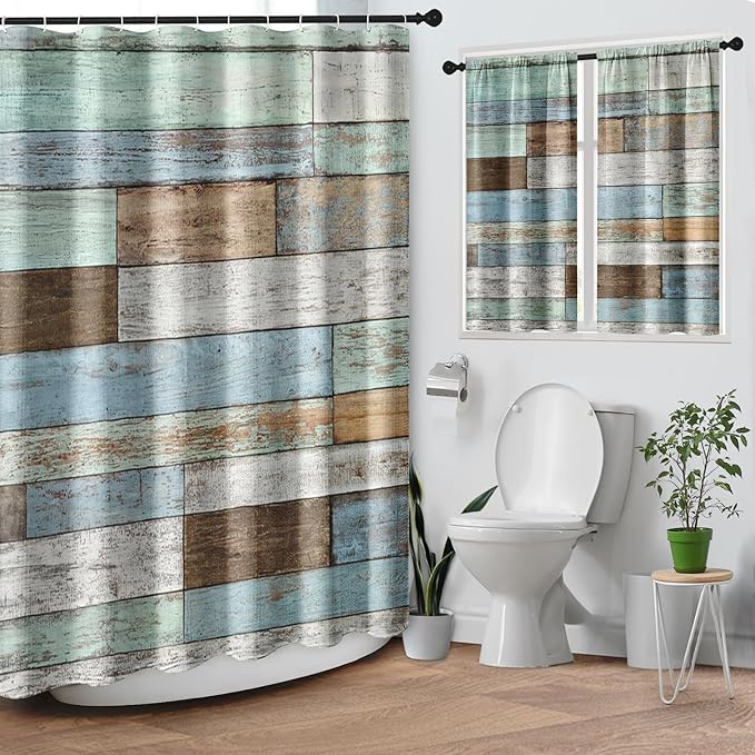 Culudea Wood Rustic Vintage Blue Brown Waffle Textured Cloth Shower Curtain Set, Farmhouse Retro Bathroom Window Waterproof Shower Curtains for Bathroom Decor