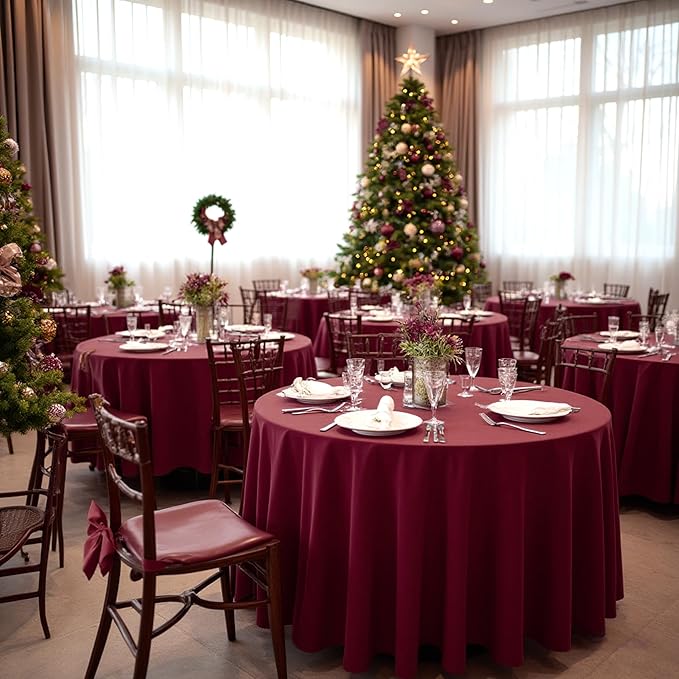 sancua Round Tablecloth 132 Inch Diameter, 6 Pack Burgundy - Circle Polyester Fabric Table Cloth for Christmas Party Reception Banquet Birthday, Washable Formal Table Cover (Fit 54-96 Inch Tables)