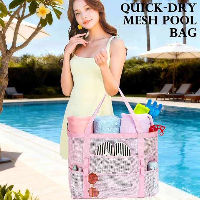 Fammart Mesh Beach Bag, Large Beach Tote with Zipper Pocket for Family Pool Bag for Toys & Vacation Essentials