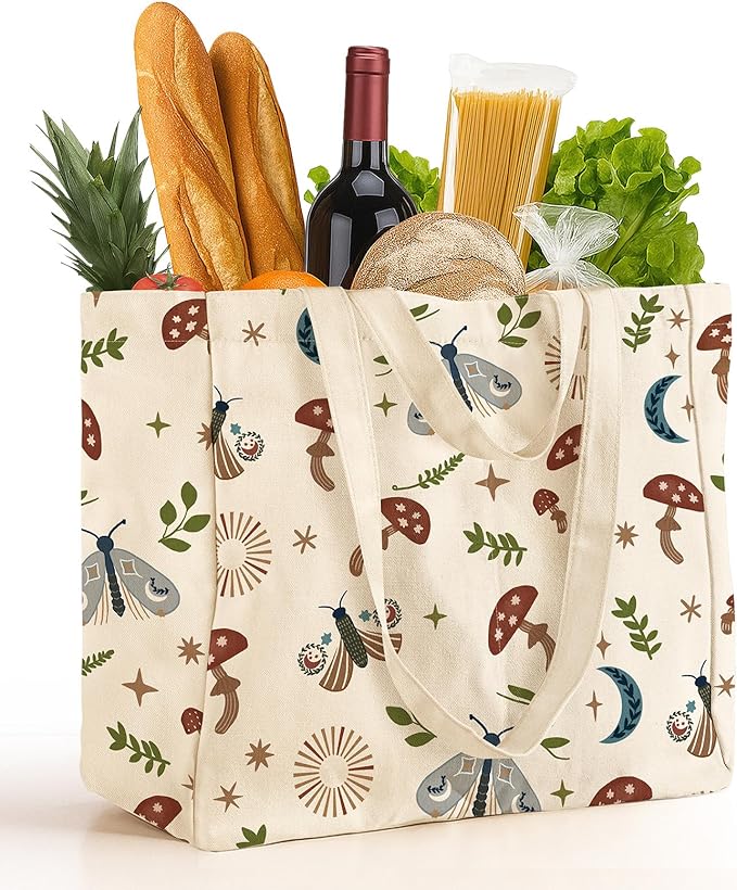 Miss Adola Large Canvas Grocery Tote Bag - Reusable Extra Large Shopping Shoulder Bags with 6 Inner Pockets & 2 Handle Strap