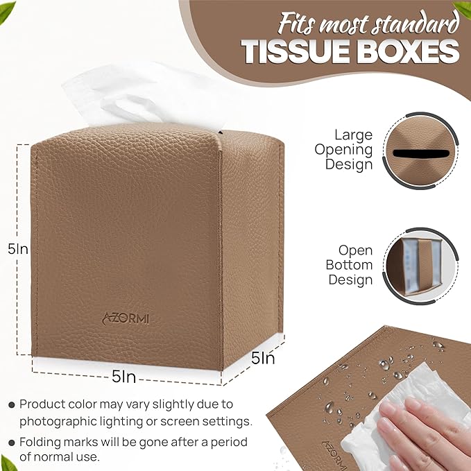 Tissue Box Cover Holder, PU Leather Tissue Box Cover Square with Bottom Belt, Cube Tissue Holder for Bathroom, Modern Organizer for Car, Office, Tabletop (Camel, 14 Leather Patterns)