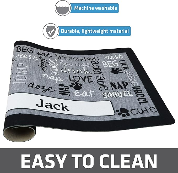 Drymate Personalized Pet Bowl Placemat, Custom Dog & Cat Food Feeding Mat - Absorbent Fabric, Waterproof Backing - Machine Washable/Durable (USA Made) (12" x 20") (Linen Black)