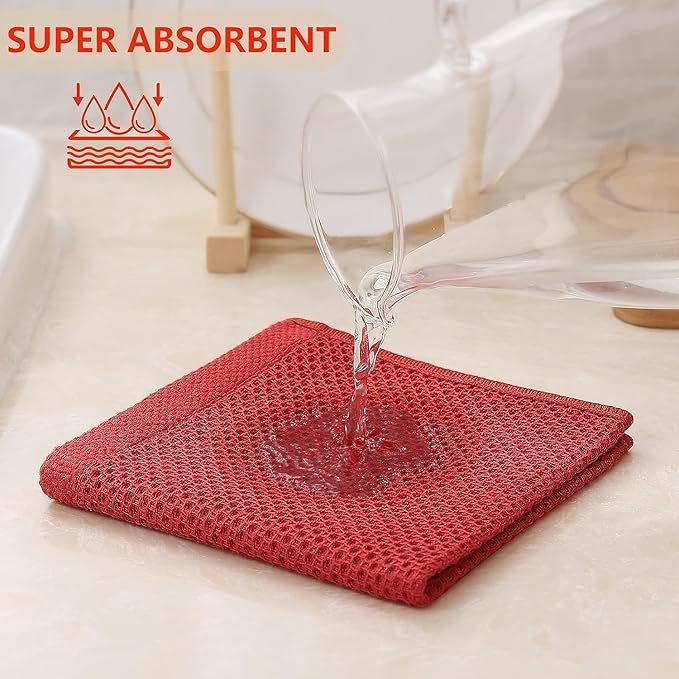 Kitinjoy 100% Cotton Kitchen Dish Cloths, 8 Pack Waffle Weave Ultra Soft Absorbent Dish Towels for Drying Dishes Quick Drying Kitchen Towels Dish Rags, 12 X 12 Inches, Brick Red