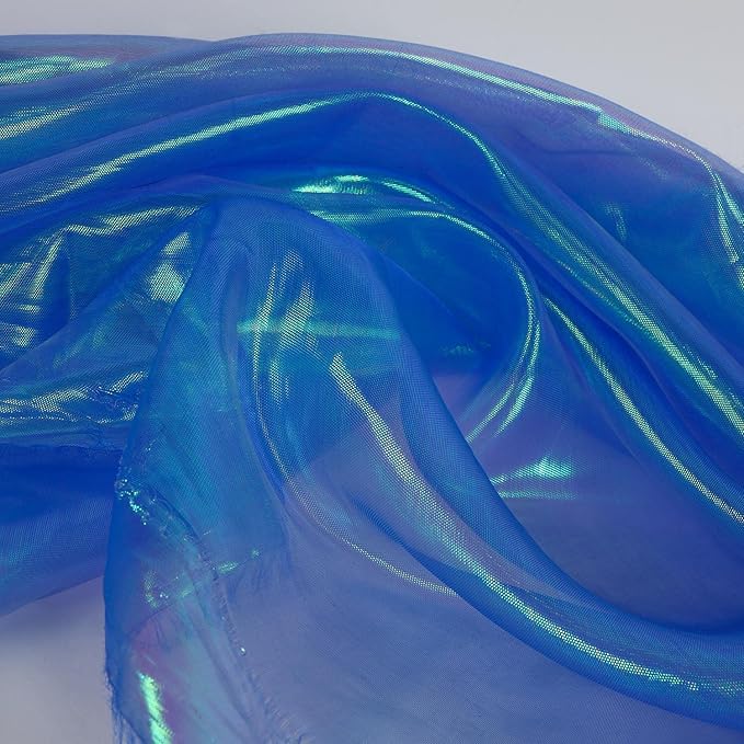 Sheer Iridescent Organza Fabric 58 Inches Wide - 5 Yards Precut - Shinny Wedding Party Decor Fairy Costume Voile Doll Clothes Sewing - Blue