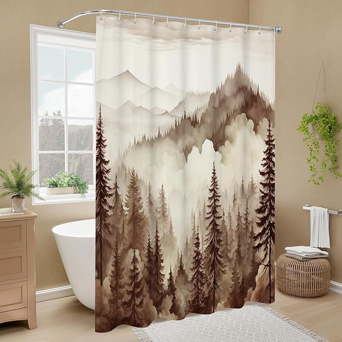 Litabel Brown Small Stall Misty Pine Forest Shower Curtain 36 x 72, Tan Mountain Foggy Woodland Scenery Tree Narrow Half Size Shower Curtains for Bathroom, Abstract Waterproof Nature-Themed Decor