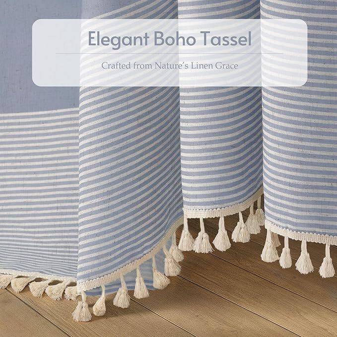 XOGUIBO Light Blue Shower Curtain Linen Coastal Ocean Striped Shower Curtains for Bathroom with Tassel 72 X 72
