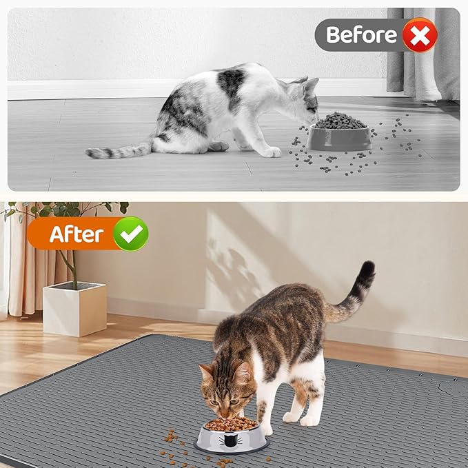Bartuke Cat Food Mat, 40" x 28" Extra Large Silicone Pet Feeding Mat with Raised Edge Pet Placemat for Food and Water Bowl Non-Slip, Easy to Clean, Floor Protection (Dark Grey)