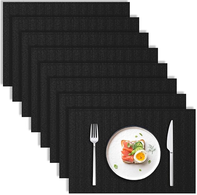 Blue Forest | Rectangular Faux Linen Placemats Set of 8 | Dual- Layered Thickened for Durability | Heat Resistant | Machine Washable | Wrinkle Free for Easy Care Indoor/Outdoor Use - Black