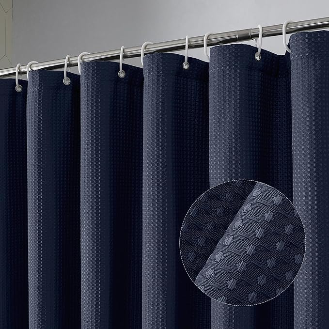 OVZME Stall Fabric Shower Curtain Set, Waffle Weave 230GSM Heavy Duty Small Shower Curtains for Narrow Size, Machine Washable Bath Curtain with 12 Plastic Hooks, 36x72, Navy Blue