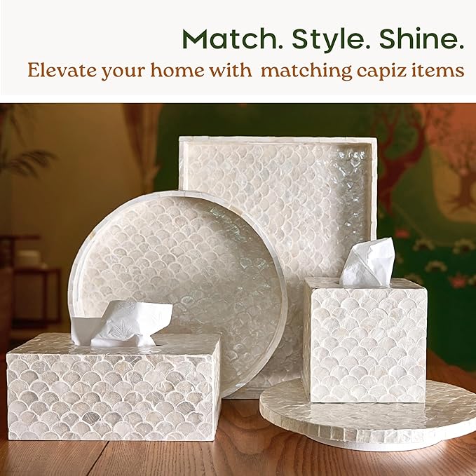 CHI AN HOME 5.8” Capiz Tissue Box Cover, Square Decorative Tissue Holder with Bottom Slider, Handmade Bathroom Accessories, Elegant White Cube for Vanity, Bedroom, Office & Coastal Décor (Natural)