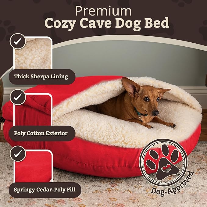 Snoozer Classic Poly-Cotton Cozy Cave Pet Bed, Large, Red.
