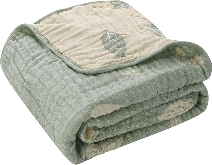 HardNok Botanical Muslin Baby Blanket - Made with Organic Cotton, Sage Green Leaf Jacquard for Gender Neutral Nursery, Baby Registry Gift, 43x43 Inches (Terra Sage Green)